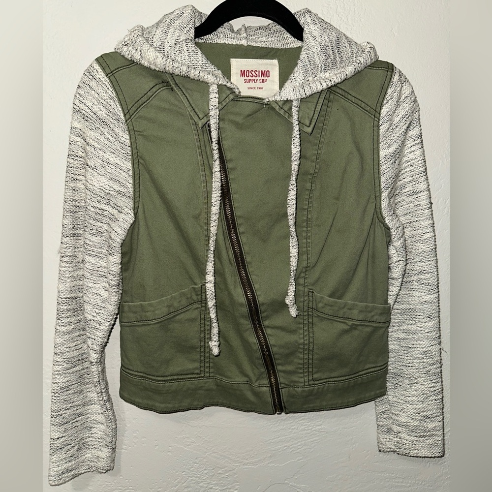 Mossimo Supply Co. Military Green Diagonal Zip Up Denim Body With Cotton Sleeves - Picture 1 of 9